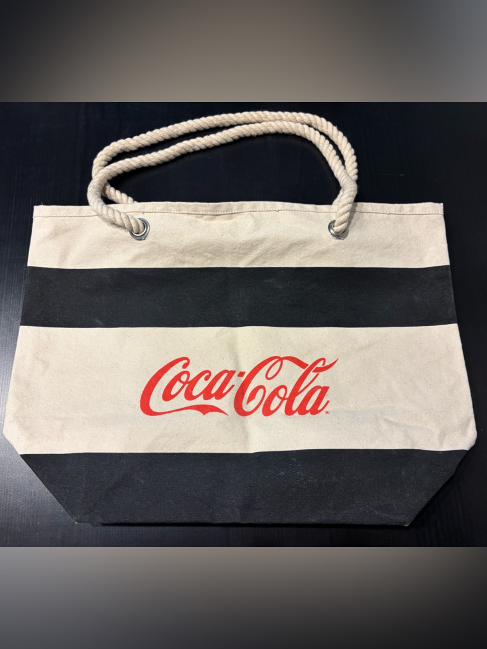 Coca-Cola Canvas Tote Black Cream Striped Nautical Rope Handle Beach Bag - Picture 2 of 9